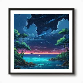 Tranquil Tropical Cove Under a Starry Night Sky at Dusk Art Print