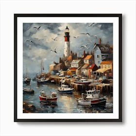 Oil painting of a bustling harbor town, with fishing boats, seagulls, and a lighthouse in the background, high contrast, dramatic lighting, heavily textured brushstrokes Art Print