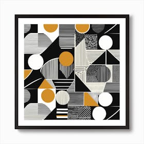 Retro Inspired Linocut Abstract Shapes Black And gold Minimal, 1131 Art Print