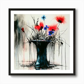 Flowers In A Vase Stephen Gammell style, dessin, aquarelle, aquarelles, noir et blanc et rouge , de marais, de sombres créatures, dégoulinant, pink and blue flowers in a vase placed on a table. Art Print