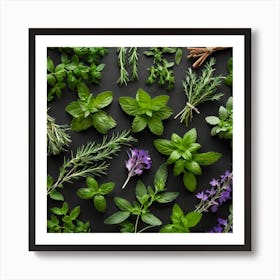 Top View Of Herbs On Black Background Art Print