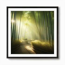 A peaceful and serene bamboo forest bathed in soft sunlight.4 Art Print