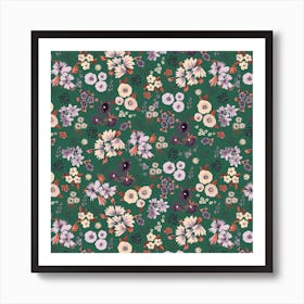 Little Flowers Orange Green Square Art Print