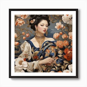 Chinese Woman With Flowers Art Print