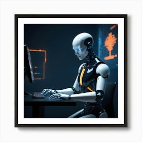 A Humanoid Robot Sits At A Computer Desk, Typing On A Keyboard Art Print