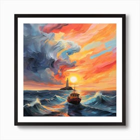 Sunset With Lighthouse Art Print