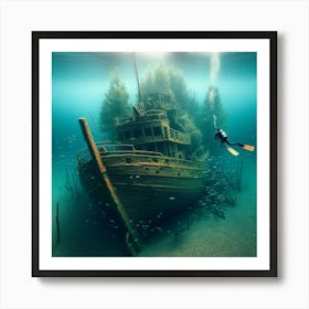 Into The Water Snorkeling In Amsterdam S Crystal Clear Lake, Unveiling A Sunken Shipwreck Style Hyperrealistic Underwater Art (3) Art Print