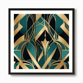 A stylish Art Deco pattern featuring bold geometric shapes, metallic accents, and a luxurious color scheme of gold, black, and deep teal. The design is elegant, symmetrical, and eye-catching Art Print