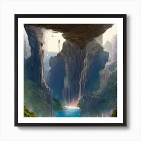 Serene Cliff A Fantasy Landscape With Towering Mountains Art Print