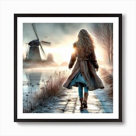 Girl Walking By Windmill Art Print