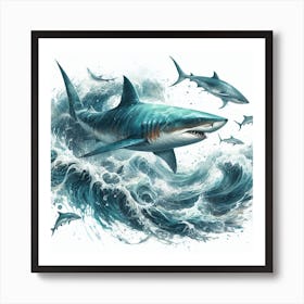 Sea Shark In Motion, Sea Shark Watercolour Art Print 4 Art Print