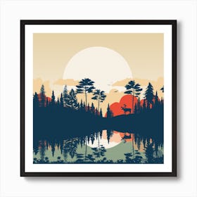 Sunset In The Forest Lake Deer Water Art Print