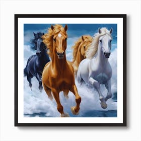 Black, White, Brown Horses Running In The Ocean Art Print