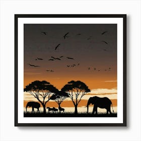 Silhouette Of Elephants At Sunset Art Print