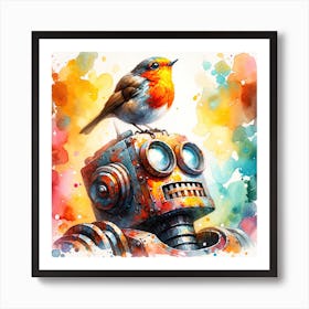 Robin Perching On A Rusty Robot Art Print