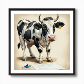 Cow With Pencil Art Print