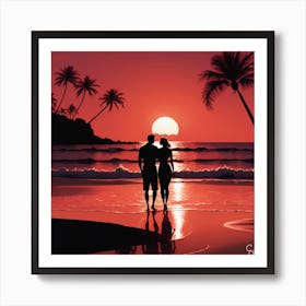 Couple At Sunset On The Beach Art Print