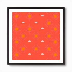 Geometric Pattern With Light Pink And Orange Sunshine On Vibrant Red Square Art Print