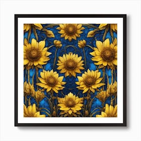 Yellow Flowers In Field With Blue Sky Centered Symmetry Painted Intricate Volumetric Lighting (2) Art Print