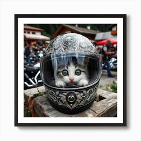 Cute Kitten In Motorcycle Helmet Art Print