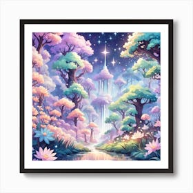 A Fantasy Forest With Twinkling Stars In Pastel Tone Square Composition 265 Art Print