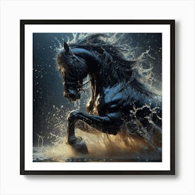 Black Horse Running In Water 2 Art Print