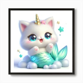 Fluffy 3D image of mermaid caticorn 3 Art Print