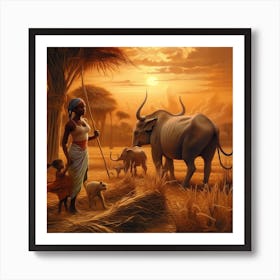 African Woman And Her Cattle Art Print