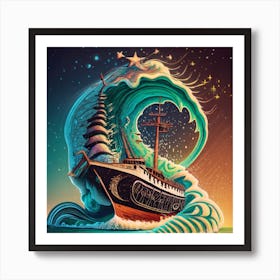 Ship on a tsunami wave 6 Art Print