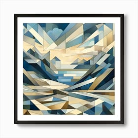 A Unique Digital Cubist Art Painting Depicting A Landscape Made Of Overlapping Geometric Planes And Shapes In Muted Bluish Hues Art Print