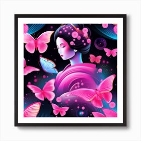 Geisha With Butterflies 1 Art Print