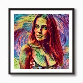 Girl With Long Hair Starry Night Art Print