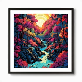 Fantasy River Forest Groovy Colorful Nature Sunset Trees Stream Landscape Art Print