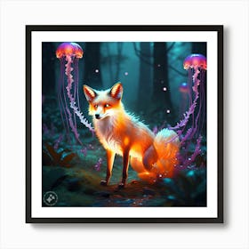 Fox Jellyfish Hybrid A Glowing Fox With Jellyfish Art Print