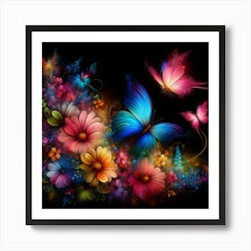 Butterflies and flowers black background Art Print