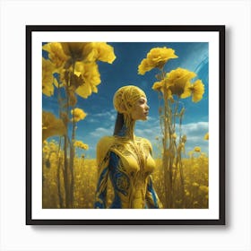 Yellow Flowers In Field With Blue Sky Sf Intricate Artwork Masterpiece Ominous Matte Painting Mo (1) Art Print