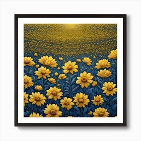Yellow Flowers In Field With Blue Sky Centered Symmetry Painted Intricate Volumetric Lighting (1) Art Print