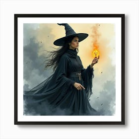 Black Magic Sorceress In A Watercolor Mystical Realm 1 Art Print