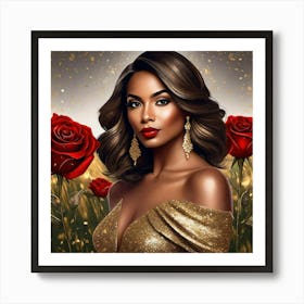 Woman In Gold With Roses Art Print