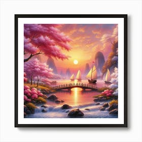 Asian Sunset With Sailing Boats and Cherry Blossoms Art Print