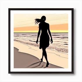 Silhouette Of A Woman Walking On The Beach 6 Art Print