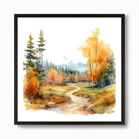 Watercolor Autumn Forest Road Art Print