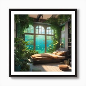 Anime Bedroom Full Of Plants With Giant Window Looking Out Underwater 1 Art Print