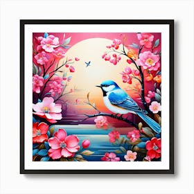 Bird On A Branch, A Bright Toned Design With Flowers And Leaves Trees And Birds A Beautiful And, Simple Picture , Wall art 1 Art Print