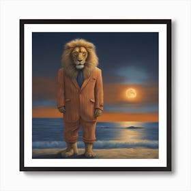 Lion In Beach Suit At Night, Downtown New York, By Vladimir Loz, In The Style Of Surrealistic Elemen Art Print