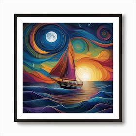 A Sailboat On The Sea, Sun And Moon, Multicolor Art Print