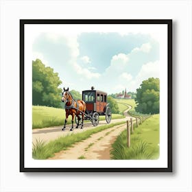 A Classic English Countryside Scene With A Horse Drawn Carriage, Watercolor Style 1 Art Print