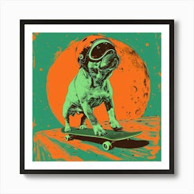 Skateboarding bulldog on the moon, lithography art print Art Print