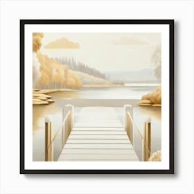 Dock By A Lake gold and beige Art Print