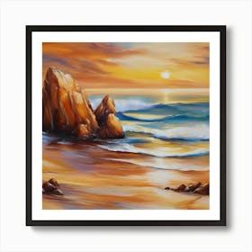 The sea. Beach waves. Beach sand and rocks. Sunset over the sea. Oil on canvas artwork.3 Art Print